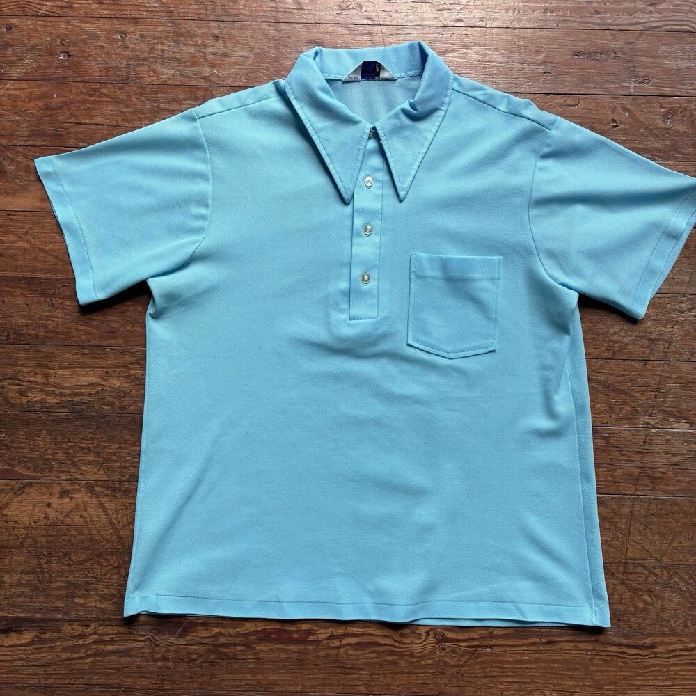 Vintage 70’s Towncraft Penney’s Poly Shirt Dagger Collar XL Turquoise Golf